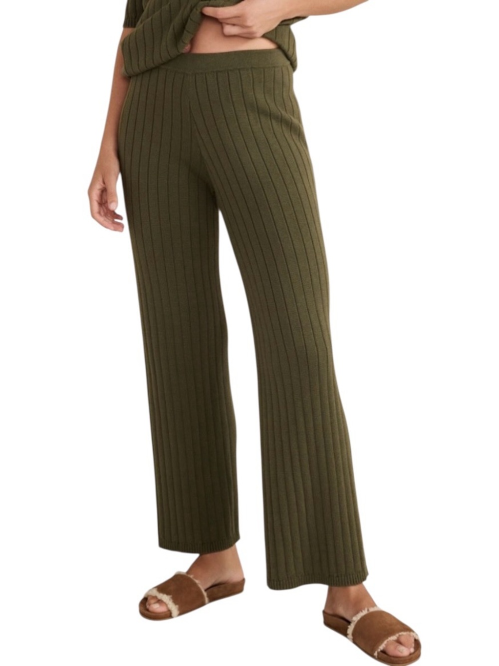 Ribbed Wide-Leg Ankle Length Ribbed Knit Pants in Olive Green Size Large